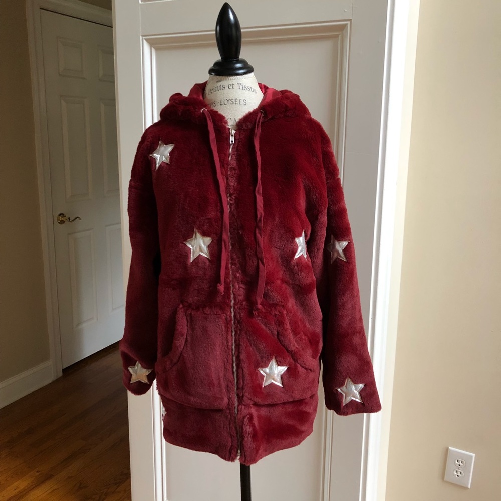 Plush star patch faux fur Teddy coat wine Silver - Picture 5 of 8